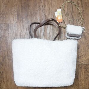 C&C California Ivory Fleece/Brown Faux Leather Reversible Cozy Tote Bag